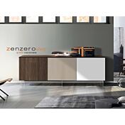 Credenza Moderna, Madia di Design con piedini in vetro, 3 ante, Teak, Bianco e fango