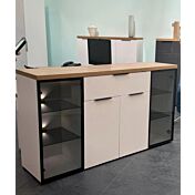 Madia moderna, colore Bianco lucido e Rovere chiaro 