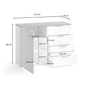 Madia 1 anta e 4 cassetti finitura Bianco lucido e Castagno, Made in Italy