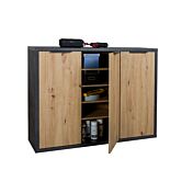 Madia multiuso con 4 ripiani interni, finitura Rovere chiaro e Grigio smoke 