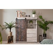 Madia alta Tromso con 2 ante e 3 cassetti in finitura Willow e Acero invecchiato