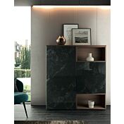 Madia moderna Cuore con 3 ante in finitura Bianco calce, Quercia brown e Vetro marmo dark