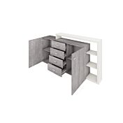 Credenza L.180 cm 2 ante e 4 cassetti, finitura bianco opaco e grigio cemento