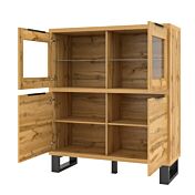 Vetrina bassa 4 ante e 6 ripiani, finitura quercia e metallo nero