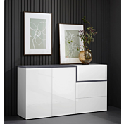 Madia moderna con 2 ante e 3 cassetti in finitura Bianco lucido e Ardesia