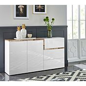 Madia moderna con 2 ante e 3 cassetti in finitura Bianco lucido e Pero