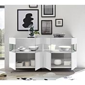 Sala moderna composta da Madia 2 e 3 ante, finitura bianco lucido, piedino in ferro e interni bianchi opachi