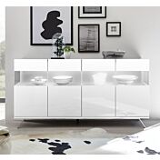 Sala moderna composta da Madia 2 e 3 ante, finitura bianco lucido, piedino in ferro e interni bianchi opachi