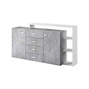 Credenza L.180 cm 2 ante e 4 cassetti, finitura bianco opaco e grigio cemento