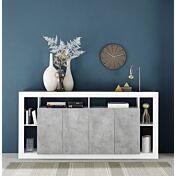 Madia moderna di design a 4 ante, finitura Bianco lucido e cemento