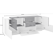 Credenza moderna L.220, Bianca e Ardesia con ante e cassetti