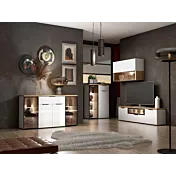 sala moderna colore Bianco lucido e Rovere chiaro con luci led