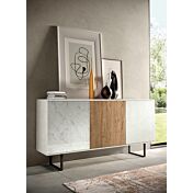 Madia moderna Shapley con 3 ante in finitura Bianco calce, Rovere nordico e Vetro marmo white
