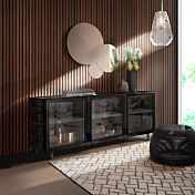 Madia moderna 3 ante con vetro fumè, finitura Legno bruciato