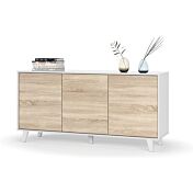 Composizione Alfa, con porta TV, Madia e tavolino, Bianco Lucido e Rovere