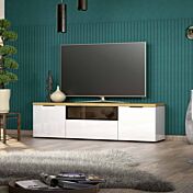 Porta TV moderno, colore Bianco lucido e Rovere chiaro