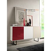 Madia moderna Orbitar con 3 ante in finitura Bianco calce, Vetro rosso, Terra opaco e Bianco opaco