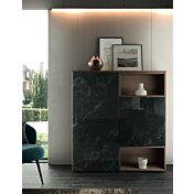 Madia moderna Cuore con 3 ante in finitura Bianco calce, Quercia brown e Vetro marmo dark