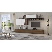 Parete attrezzata Noce con frontali e elementi sospesi in finitura Bianco seta e libreria orizzontale color Fango