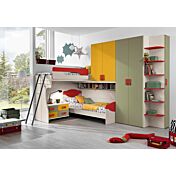 Cameretta con soppalco Denise, moderna e di design, finitura Betulla, Giallo, Salvia e Rosso