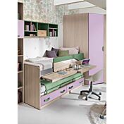 Letto con scrivania estraibile Fedro, finitura olmo, verde papua e lilla