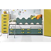 Divano letto Sky per camerette a ponte, finitura Betulla, Senape e Petrolio