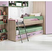 Letto con scrivania estraibile Fedro, finitura olmo, verde papua e lilla
