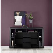 Soggiorno Nero frassinato, composto da madia 2 ante + 3 cassetti, tavolo allungabile e madia 2 ante