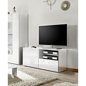 Base porta TV ad 1 anta, 1 cassetto bianco laccato lucido serigrafato