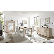 Sala completa di tavolo, madia 3 ante e vetrina in rovere serigrafato