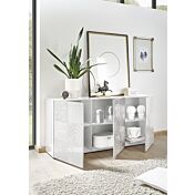 Sala completa di tavolo, madia 3 ante e vetrina in bianco laccato lucido serigrafato