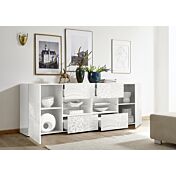 Sala completa di tavolo, 1 madia con 4 cassetti e 1 madia 2 ante in bianco laccato lucido serigrafato