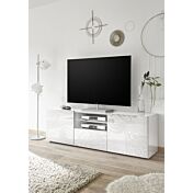 Sala completa di base porta tv, madia 3 ante e vetrina in bianco laccato lucido serigrafato