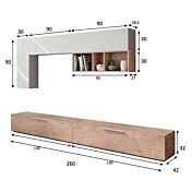 Soggiorno Zenzero, parete attrezzata moderna con  base porta TV e pensili, Bianco Artik e rovere Alaska