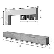 Soggiorno Zenzero, parete attrezzata moderna con doppia base porta TV e pensili a muro, cemento e bianco artik
