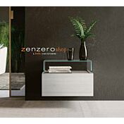 Comodino sospeso Palawan con teca in vetro in finitura Grigio seta e Bianco altea