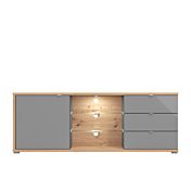 Mobile tv con cassetti, due ripiani 1 anta, finitura Rovere e vetro Grigio