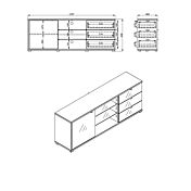 Mobile tv con cassetti, due ripiani 1 anta, finitura Rovere e vetro Grigio