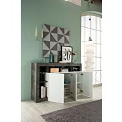 Soggiorno di design composto da parete attrezzata e madia a 3 ante in finitura bianco e Cemento