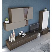 Parete attrezzata moderna, in finitura Noce, Visone, Bianco seta e Fango, Made in Italy