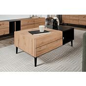 Tavolino moderno Glesborg con un cassetto e un ripiano in finitura Rovere e Nero carbone