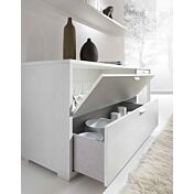 Credenza contenitore con anta in vetro, anta ribalta e cassettone inferiore