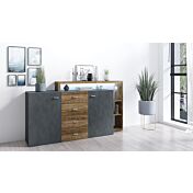 Credenza multiuso 2 ante e 4 cassetti, noce e antracite spatolato