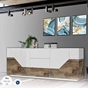 Credenza geometrica 4 ante e 3 cassetti, colore Bianco lucido e Pero