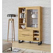 Vetrina moderna 1 anta 2 cassetti, finitura quercia e metallo nero