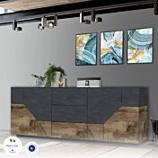 Conveniente Credenza geometrica 4 ante e 3 cassetti, colore Ardesia e Pero