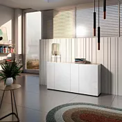 Madia moderna 4 ante, Bianco lucido con top Rovere