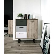 Madia Lappo di design con gambe in metallo, 1 anta 3 cassetti, finitura Quercia, Bianca, Grigio e Antracite