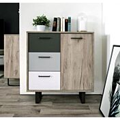 Madia Lappo di design con gambe in metallo, 1 anta 3 cassetti, finitura Quercia, Bianca, Grigio e Antracite