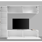 Soggiorno Zenzero, parete attrezzata con 2 pensili orizzontali e 1 vetrina laterale, finitura bianco lucido
